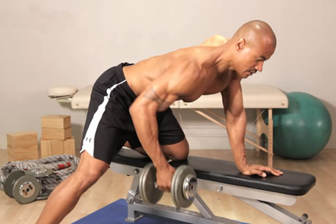 One-handed dumbbell rowing standard action teaching